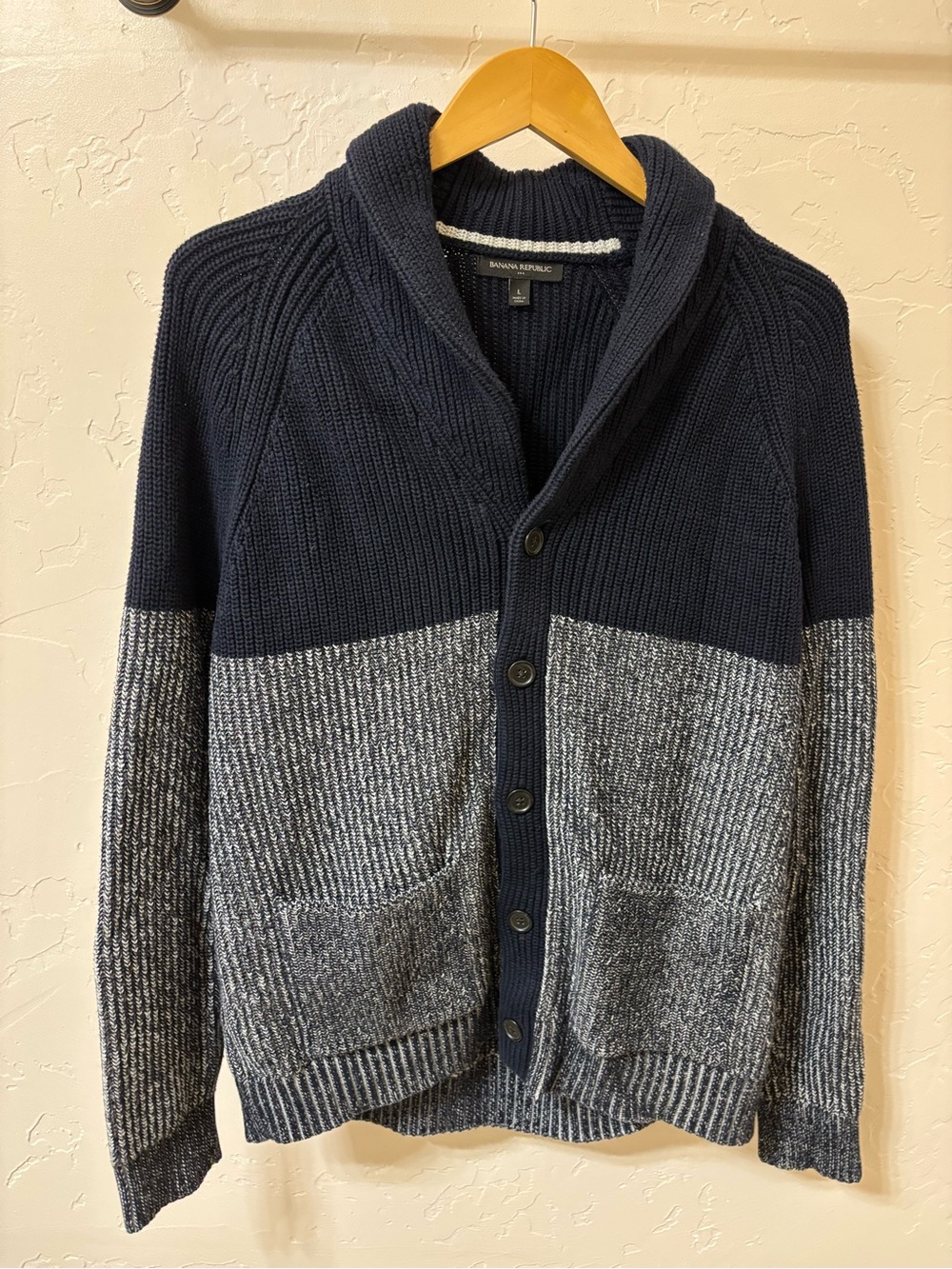 Banana Republic Navy and Gray Shawl-Collar Colorblock Cardigan